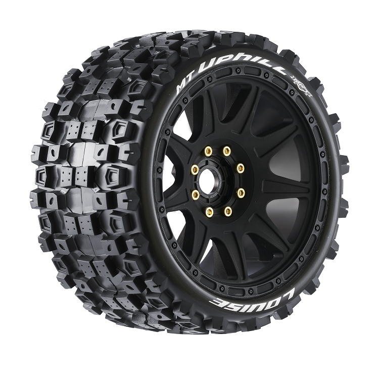 Louise RC L-T3354SB MT-Uphill Speed Tires with 0 & 1/2 Offset and 17mm Hex Mounted on Black Rims for 1/8 Monster Truck (1 Pair)