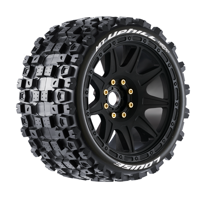 Louise RC L-T3354SB MT-Uphill Speed Tires with 0 & 1/2 Offset and 17mm Hex Mounted on Black Rims for 1/8 Monster Truck (1 Pair)