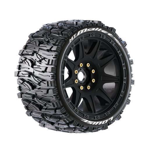 Louise RC L-T3355SB MT-Mallet Speed Tires with 0 & 1/2 Offset and 17mm Hex Mounted on Black Rims for 1/8 Monster Truck (1 Pair)