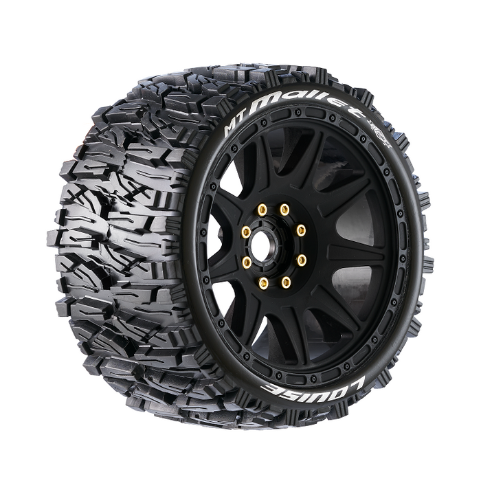 Louise RC L-T3355SB MT-Mallet Speed Tires with 0 & 1/2 Offset and 17mm Hex Mounted on Black Rims for 1/8 Monster Truck (1 Pair)