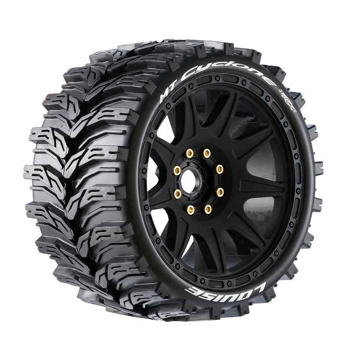 Louise RC L-T3356SB MT-Cyclone Speed Tires with 0 & 1/2 Offset and 17mm Hex Mounted on Black Rims for 1/8 Monster Truck (1 Pair)