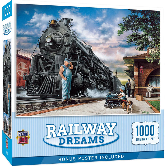 MasterPieces 72446 Railway Dreams: Train at Station & Boy with Toy Train 1000 Piece Puzzle