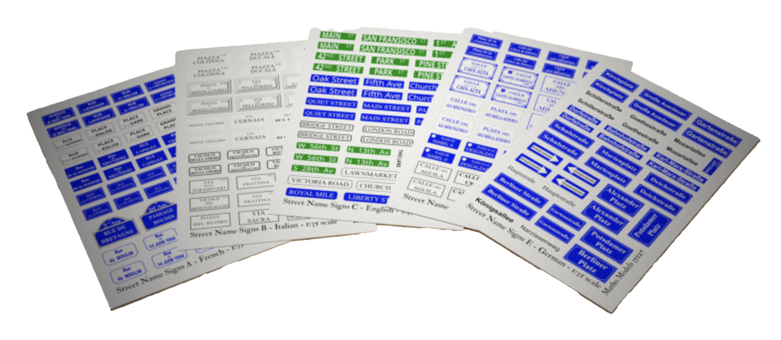 Matho Models 35128 1/35 Street Name Signs Decals (Sheets: English, German, Spanish, French, Italian)