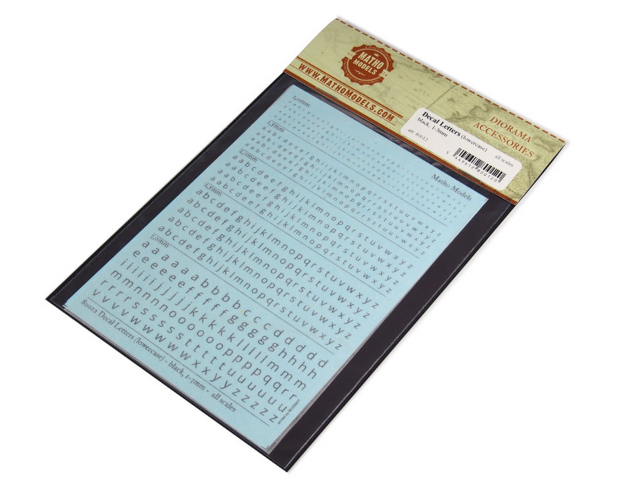 Matho Models 80012 Multi-Scale Black Lower Case 1-3mm Lettering Decals