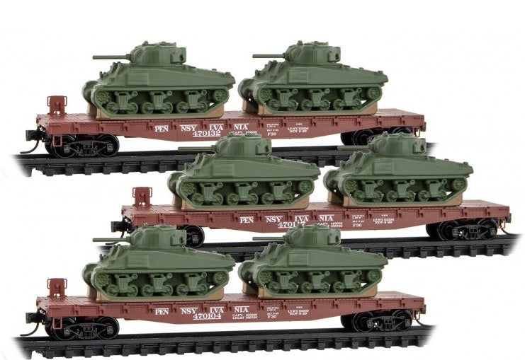 Micro-Trains 983 02 217 N Scale 50' Flatcar with Sherman Tanks PRR 4 Pack