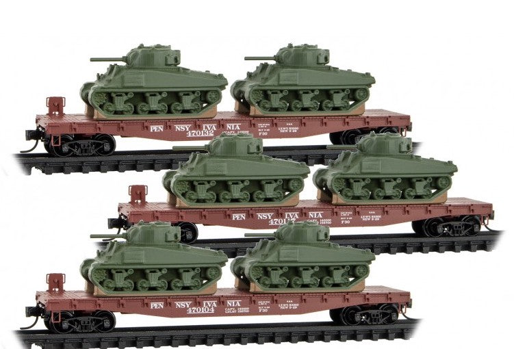 Micro-Trains 993 02 217 N Scale 50' Flatcar with Sherman Tanks PRR 4 Pack