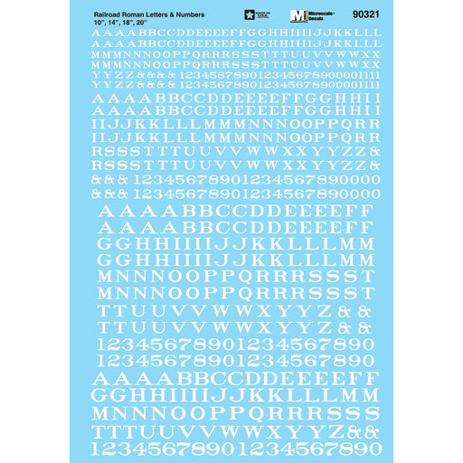Microscale Decals 460-90321 Railroad Roman Letters & Numbers 10, 14, 18, 20" (white) Alphabet Decal Set