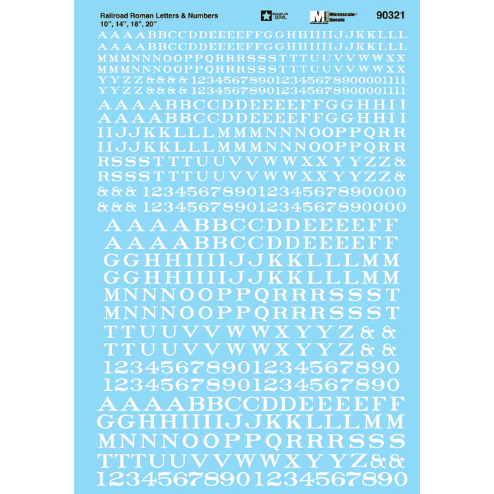 Microscale Decals 460-90321 Railroad Roman Letters & Numbers 10, 14, 18, 20" (white) Alphabet Decal Set