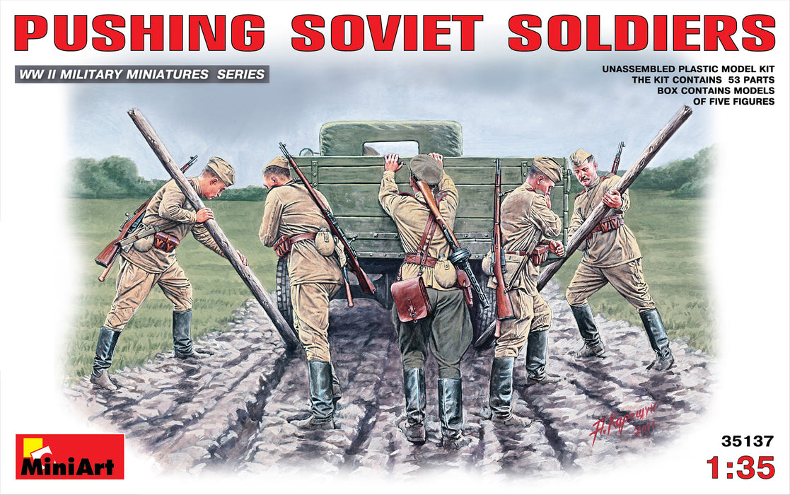 MiniArt 35137 1/35 Soviet Soldiers Pushing Truck Figures Model Kit