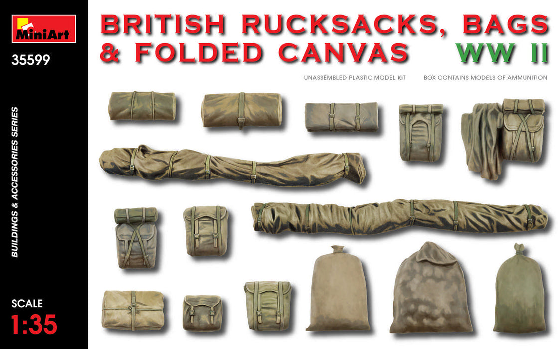 MiniArt 35599 1/35 WWII British Rucksacks, Bags & Folded Canvas Model Kit
