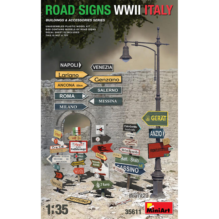 Model Kit

Kit contains models of Road Signs, decal sheet is included.

With MiniArt kits you won’t find warmed-over remakes or run-of-the-mill models. They take pains to select subject matter that has either never been done in a plastic kit, or has never been done to their high standards for quality and accuracy.