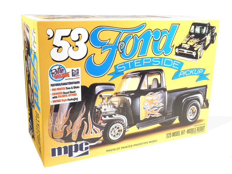 The 1953 Ford Pickup Flip-nose is available for the first time by Round 2. This kit is for the fan of hot rods. Add it to your collection today! This representation of the early 70s gasser-style hot-rodding craze is packed with details that include step-side styling, a flip-up front end, a super-detailed gasser chassis, and a movable tailgate. The kit also includes a blown Ford V8 engine with air scoop and heaters, custom bucket seats, a set of big wide racing Goodyear slicks, custom Goodyear racing wheels,