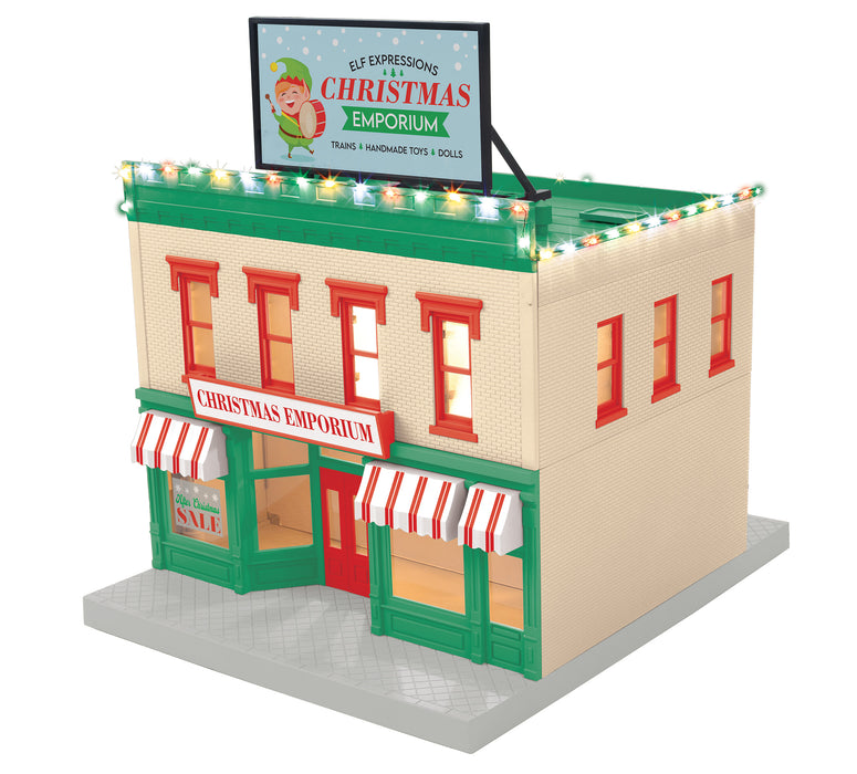 MTH 30-90683 O Gauge 2 Story City Building Elf Expressions Christmas Emporium with LEDs