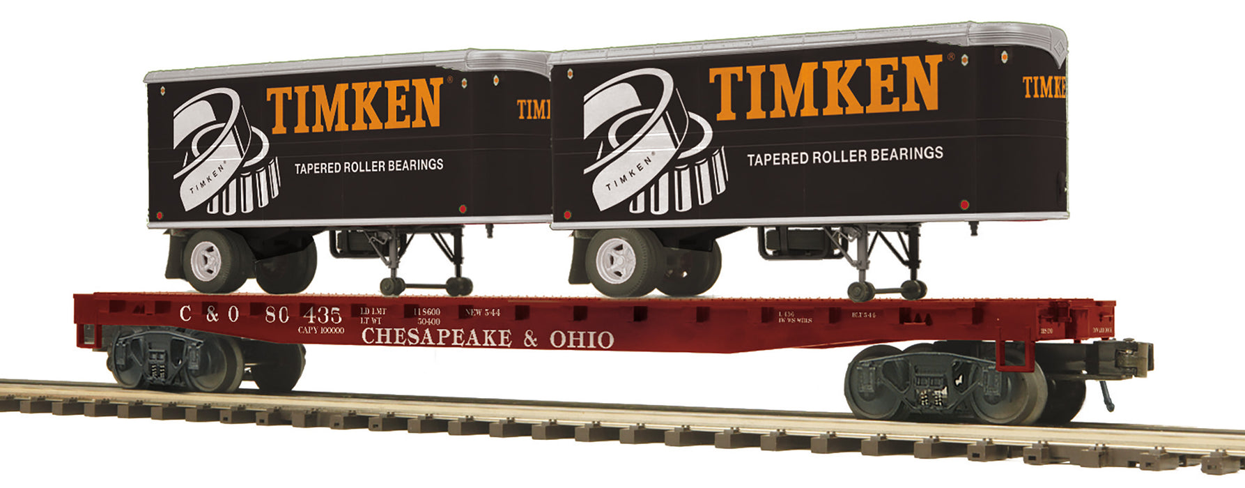 MTH Premier 20-95712 O Scale C&O Flatcar with Timken Pup Trailers