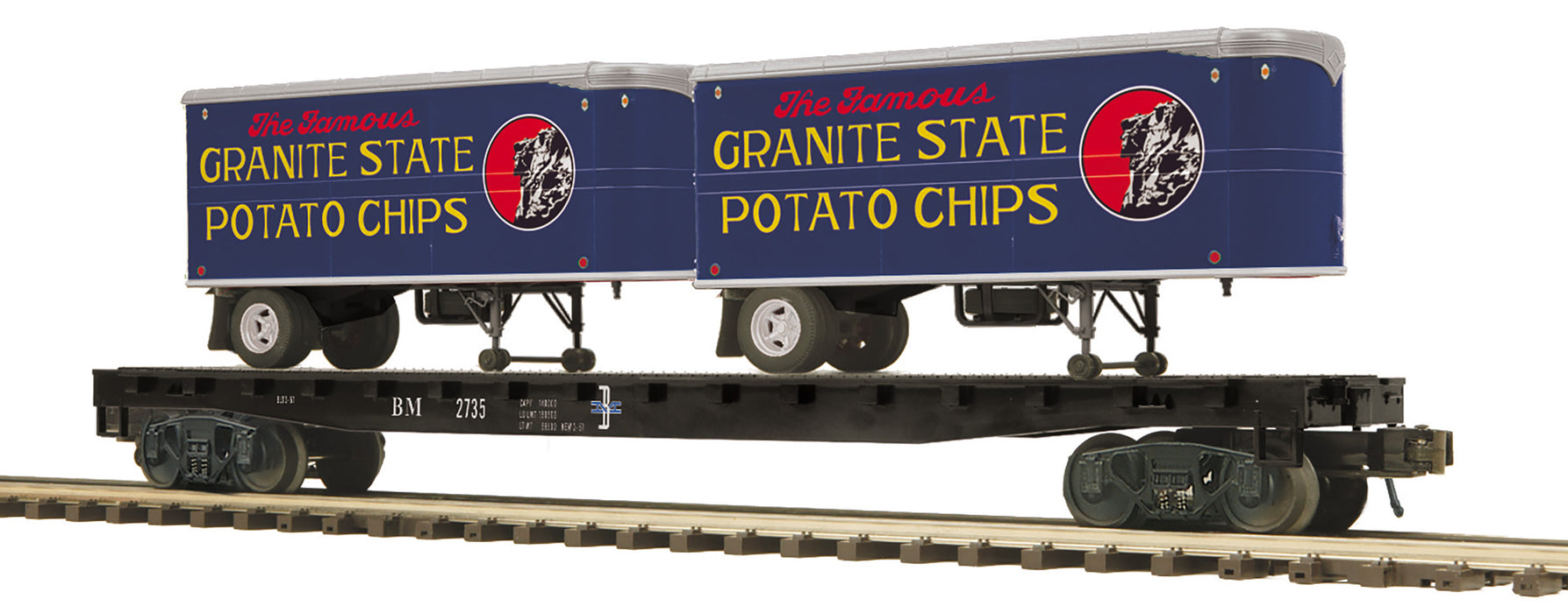 MTH Premier 20-95713 O Scale Boston & Maine Flatcar with Granite State Chips Pup Trailers