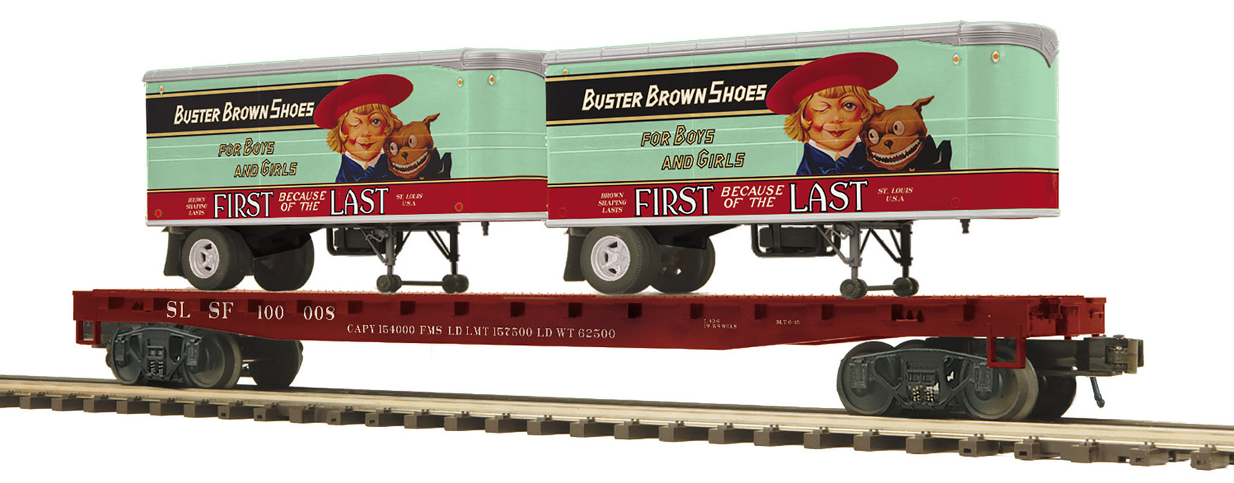 MTH Premier 20-95716 O Scale Frisco SLSF Flatcar with Buster Brown Shoes Pup Trailers