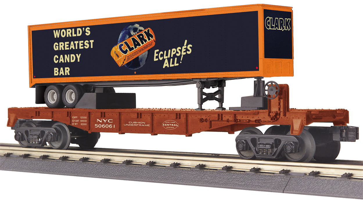 MTH RailKing 30-76892 O Gauge NYC 506061 Flat Car with 40’ Clark Bar Trailer