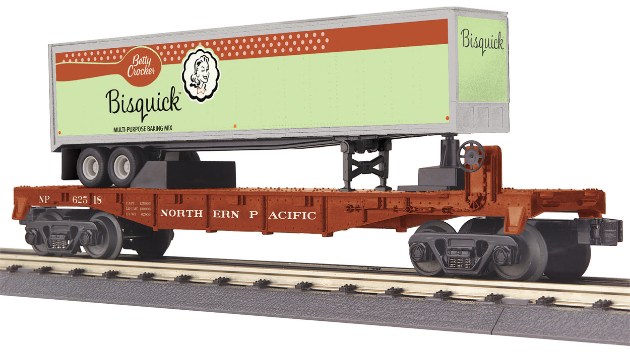 MTH RailKing 30-76893 O Gauge NP 62518 Flat Car with 40’ Bisquick Trailer