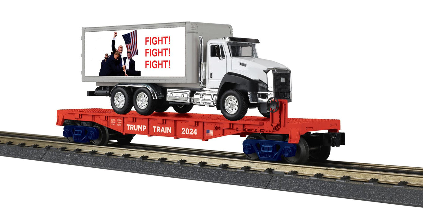 MTH RailKing 30-76937 O Gauge Flatcar with Trump "Fight" Box Truck