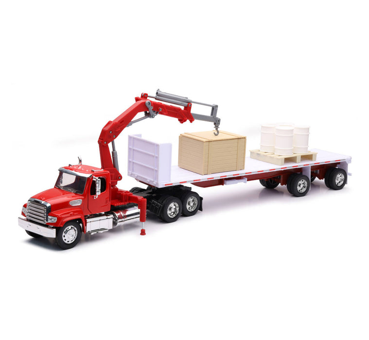 New Ray Toys 10993 1/32 Diecast Freightliner 114SD with Flatbed Trailer Crane and Accessories