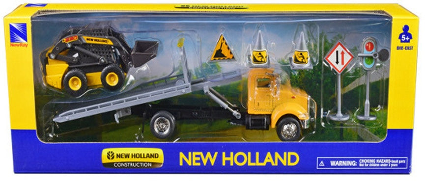 New Ray Toys 16173 1/43 Die Cast Peterbilt Flatbed Truck with New Holland L228 Skid Steer