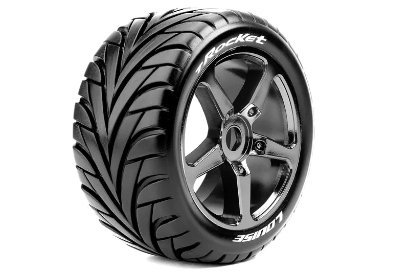 Louise RC L-T3250SBC T-Rocket 1/8 Off-Road Truggy Tires 0 Offset 17mm on Black Chrome Spoke Rim Front/Rear (1 Pair)