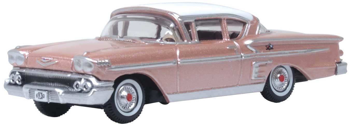 Oxford Diecast 87CIS58001 HO Scale 1958 Chevrolet Impala Sport Coupe Metallic Cay Coral