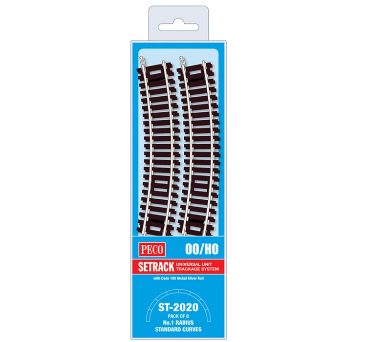 Peco Setrack ST-2020 HO Scale No.1 Radius Standard Curve Code 100 Track (8 Pack)
