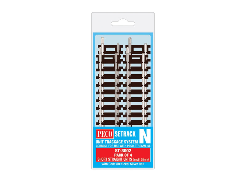 Peco Setrack ST-3002 N Scale Code 80 58mm Short Straight Track (4 Pack)