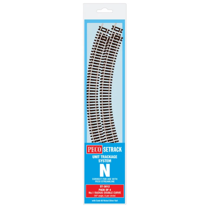 Peco Setrack ST-3012 N Scale Code 80 No.1 Radius Double Curve Track (4 Pack)