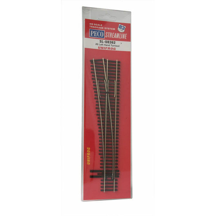 Peco SLU-8362 HO Scale Code 83 #6 Unifrog Left Hand Turnout