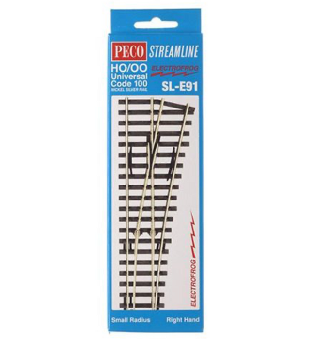 Peco Streamline SL-E91 HO Scale Code 100 Track Electrofrog Small Right Hand Turnout - NOS