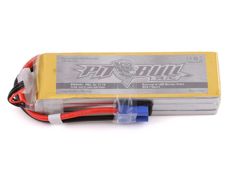 Pit Bull Tires Pure Gold 3S 100C Softcase LiPo Battery (11.1V/6000mAh) w/Battery Life Indicator & EC5+Deans Connector