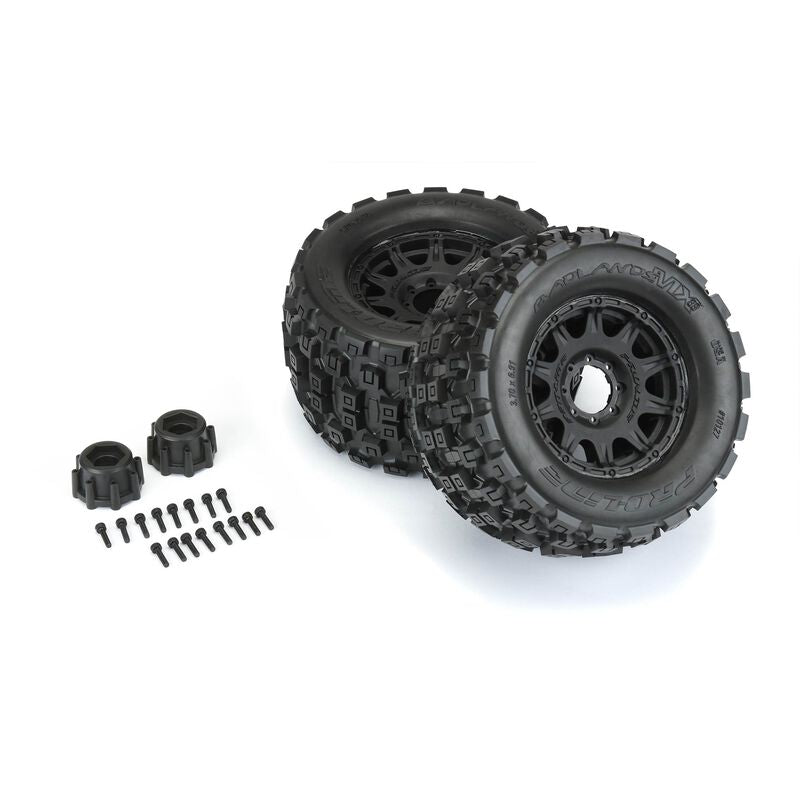 Pro-Line 10127-10 Badlands MX38 HP Tires Mounted on Black Raid 3.8 17mm Hex Wheels 1 Pair