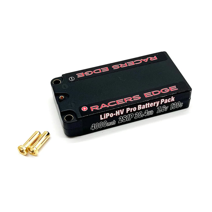Racers Edge  4000mAh 2S 7.6V 130C LCG Shorty Hard Case Lipo Battery Pack with 5mm Bullet Plug