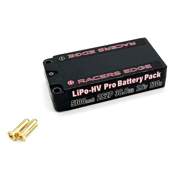 Racers Edge 5100mAh 2S 7.6V 130C Shorty Hard Case Lipo Battery Pack with 5mm Bullet Plug