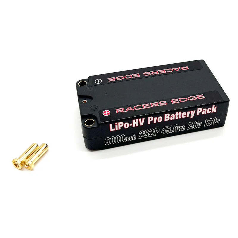 Racers Edge 6000mAh 2S 7.6V 130C Shorty Hard Case Lipo Battery Pack with 5mm Bullet Plug