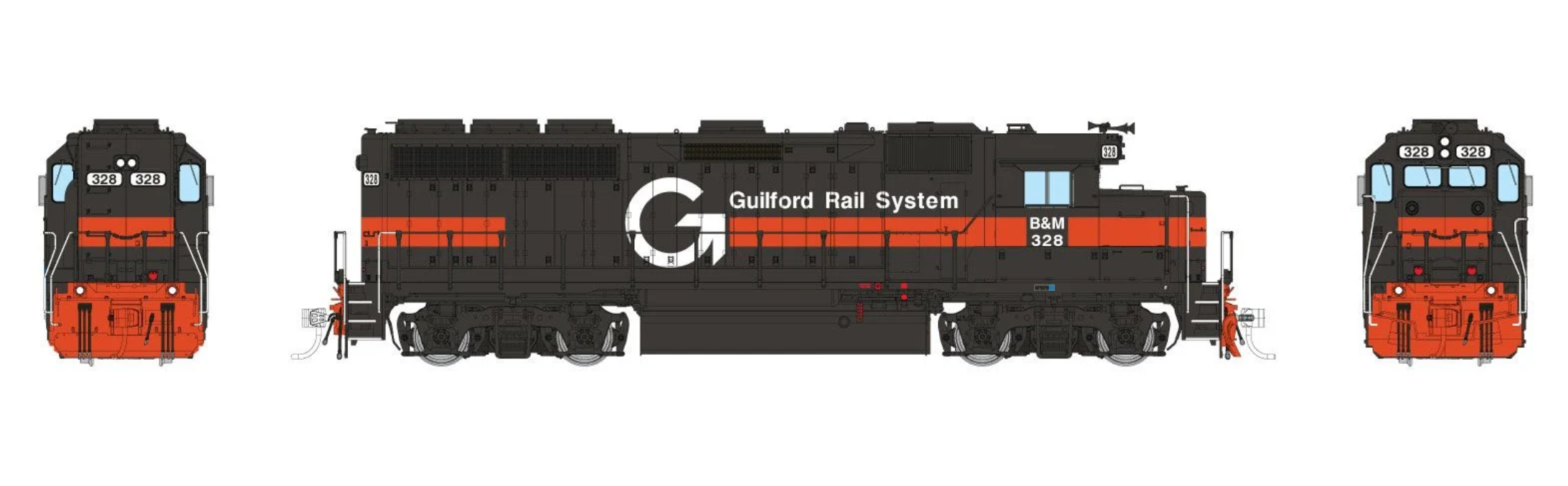 Rapido Trains 1078013 HO EMD GP40 (DC/Silent): Guilford - Gray & Orange, B&M Lettering: #328