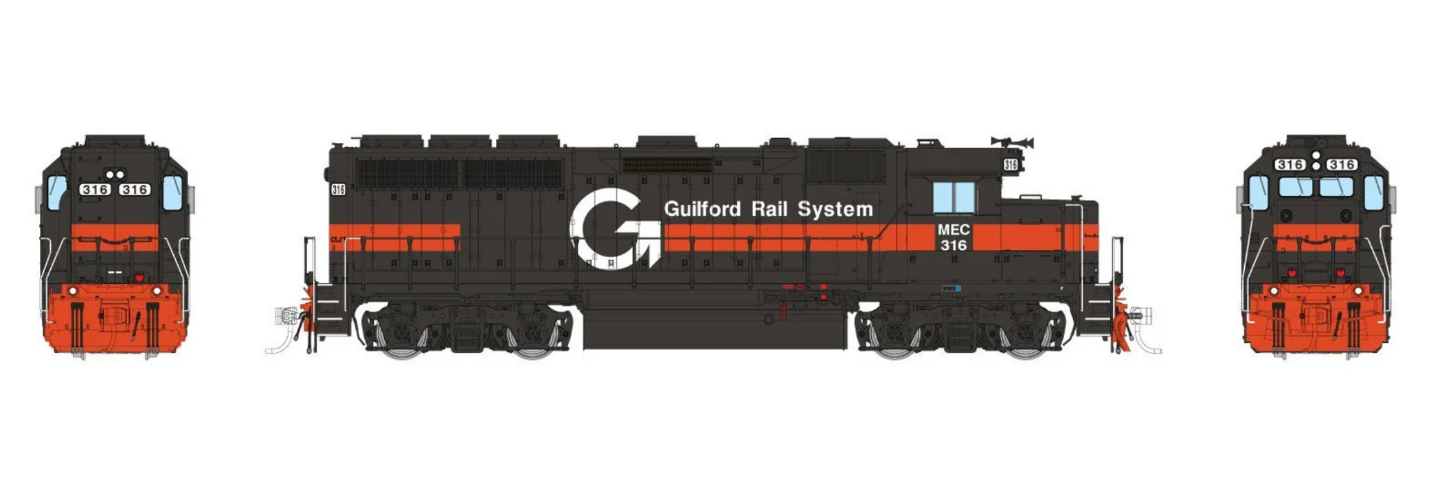 Rapido Trains 1078015 HO EMD GP40 (DC/Silent): Guilford - Gray & Orange, MEC Lettering: #316