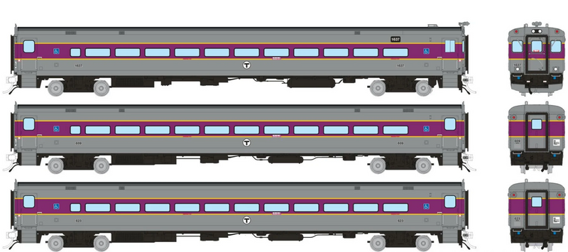 Rapido Trains 1084015 HO Scale Comet Car MBTA - Modern Set 3 (Cab 1637 Coaches 609, 623)
