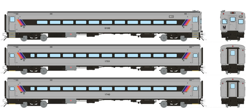 Rapido Trains 1084035 HO Scale Comet I Car NJ Transit - Rebuilt Set 1 (Cab 5100 Coaches 1701, 1740)