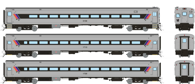 Rapido Trains 1084036 HO Scale Comet I Car NJ Transit - Rebuilt Set 2 (Cab 5108 Coaches 1713, 1729)