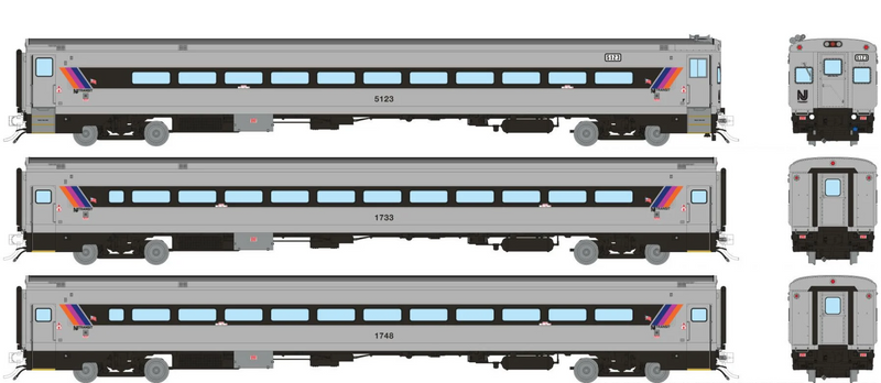 Rapido Trains 1084038 HO Scale Comet I Car NJ Transit - with Ditchlights Set 2 (Cab 5123 Coaches 1733, 1748)