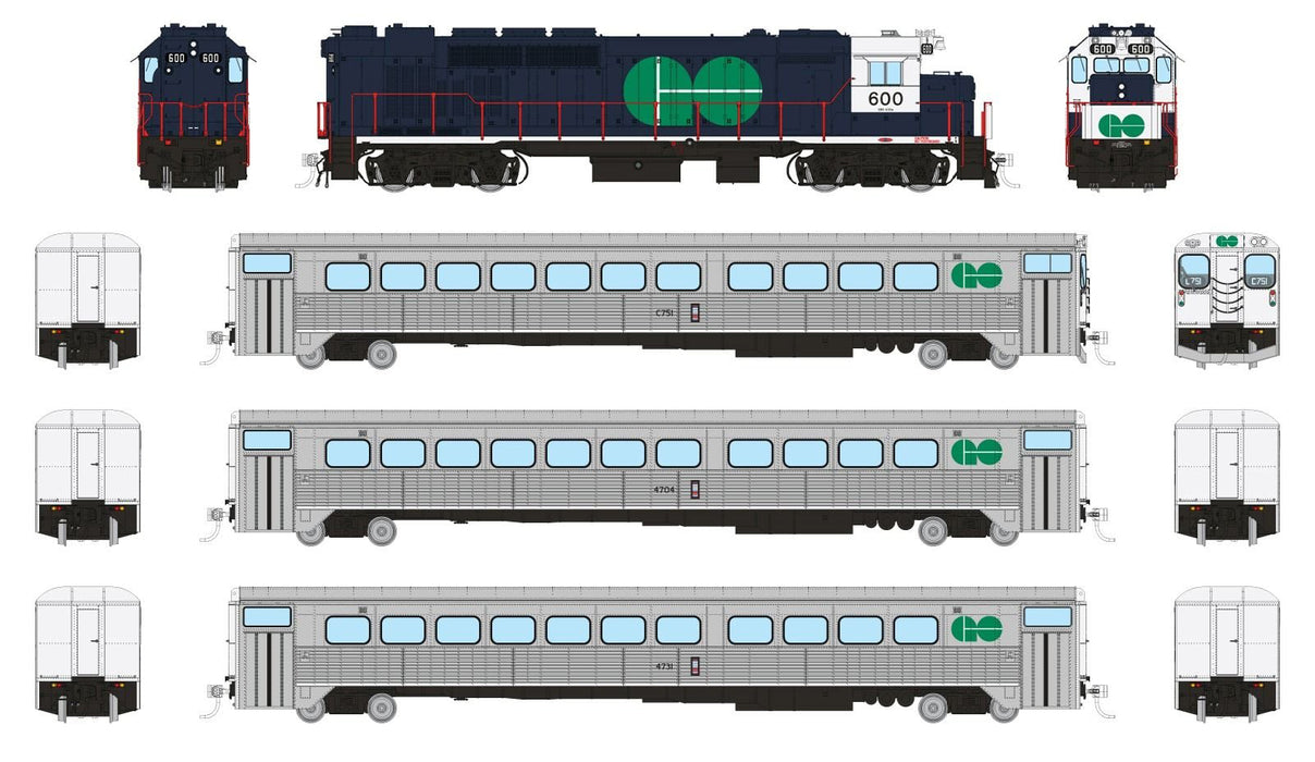 Rapido Trains 226001 HO Scale GO Transit "Blue" Passenger Train Set #1 (GP40TC/Cab/2 Coaches) - DC