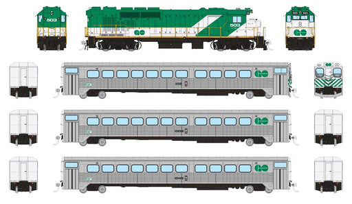 Rapido Trains 226005 HO Scale GO Transit "Early" Passenger Train Set #3 (GP40TC/Cab/2 Coaches) - DC
