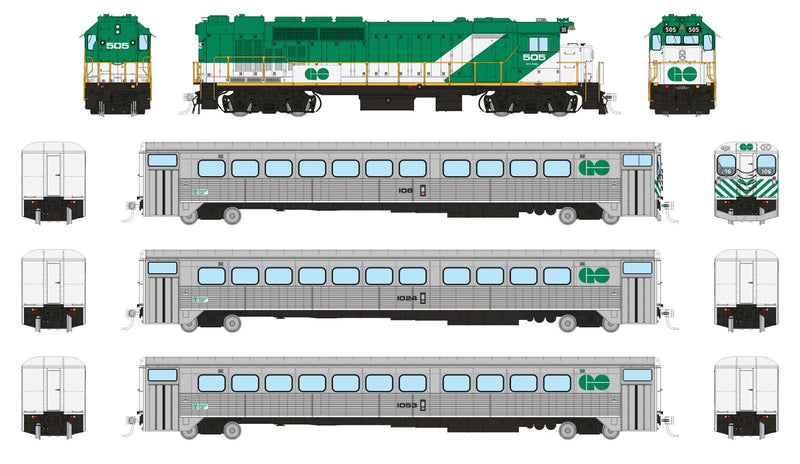 Rapido Trains 226006 HO Scale GO Transit "Early" Passenger Train Set #4 (GP40TC/Cab/2 Coaches) - DC