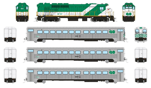 Rapido Trains 226007 HO Scale GO Transit "Late" Passenger Train Set #1 (GP40TC/Cab/2 Coaches) - DC