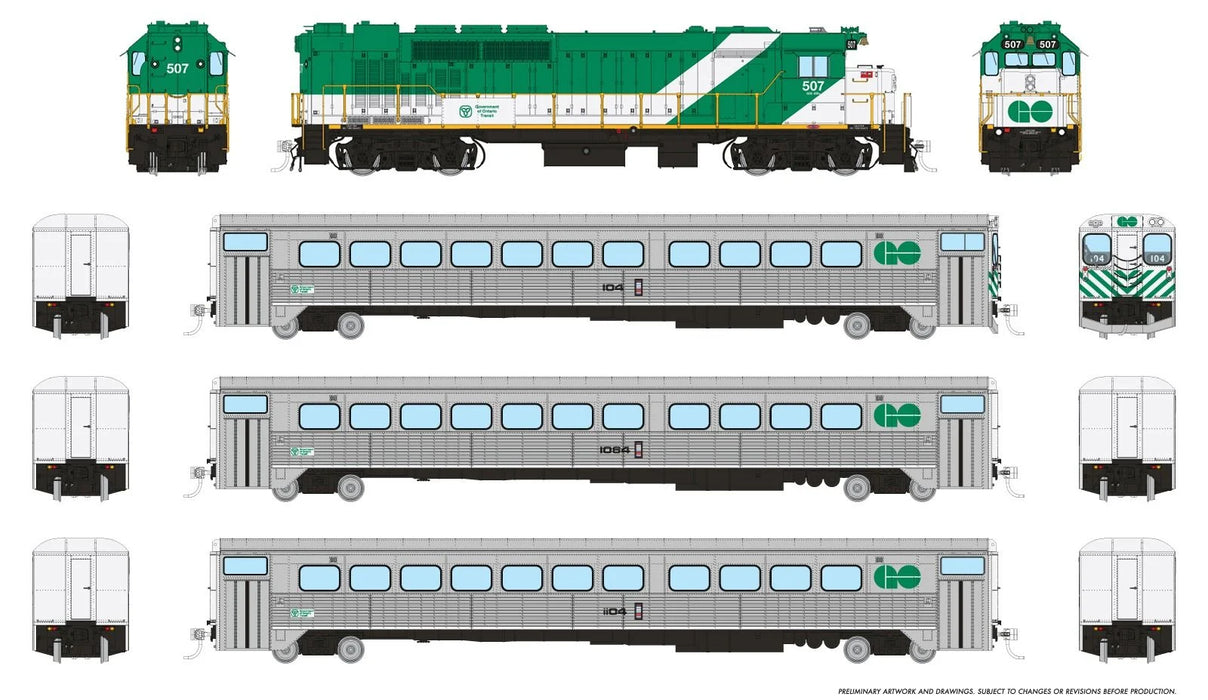 Rapido Trains 226008 HO Scale GO Transit "Late" Passenger Train Set #2 (GP40TC/Cab/2 Coaches) - DC
