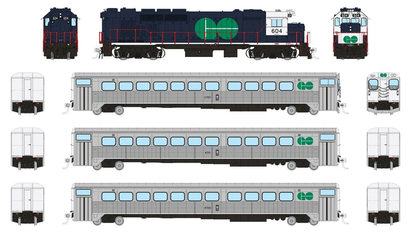 Rapido Trains 226502 HO Scale GO Transit "Blue" Passenger Train Set #2 (GP40TC/Cab/2 Coaches - DC/DCC/Sound)