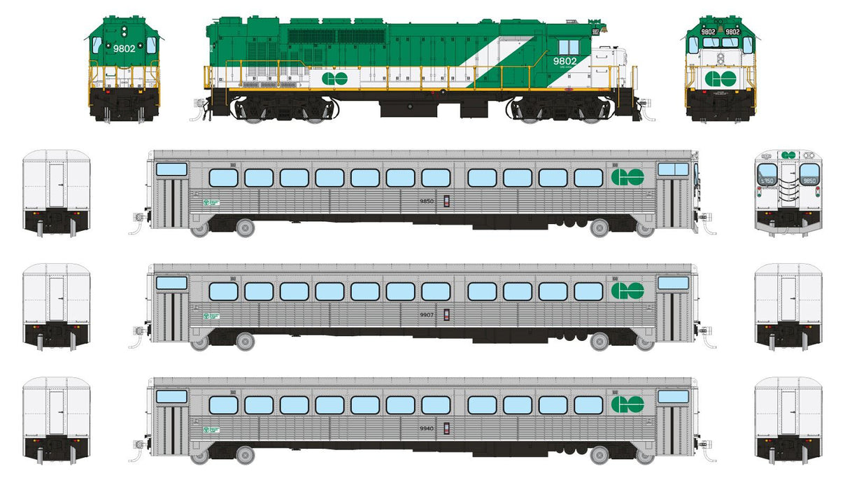 Rapido Trains 226503 HO Scale GO Transit "Early" Passenger Train Set #1 (GP40TC/Cab/2 Coaches - DC/DCC/Sound)